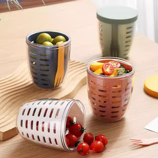 Leachable fruit cup with fork portable picnic box large capacity storage poke plastic cup sealed leakproof salad box