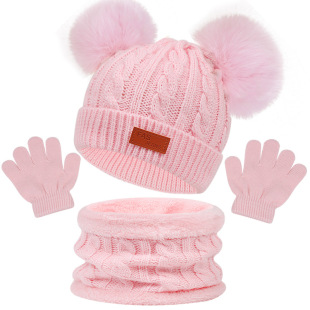 Cross-border new European and American children's hat scarf gloves three-piece set autumn and winter warm color ball double ball baby hat