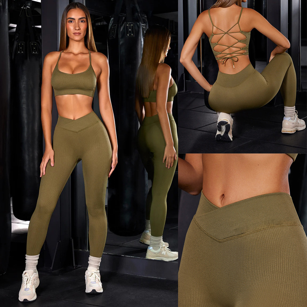 New Arrival Seamless Knitted Yoga Clothing Women's Suit Cross Shoulder Sports Bra High Waist Hip Shorts Rib Long Sleeve Trousers