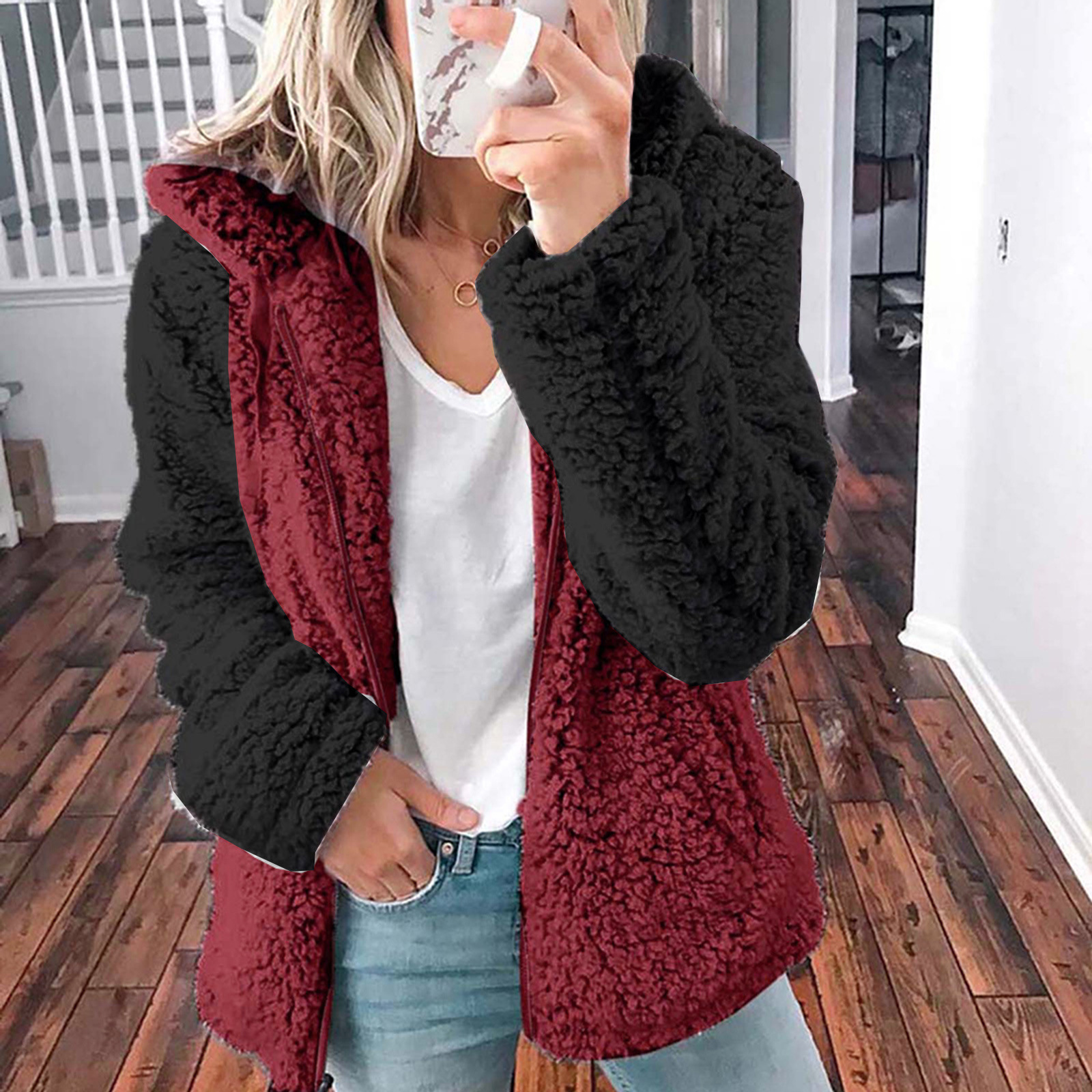 2024 Amazon wish European and American cross-border foreign trade new women's clothing spliced ​​hooded plush autumn and winter tops and jackets