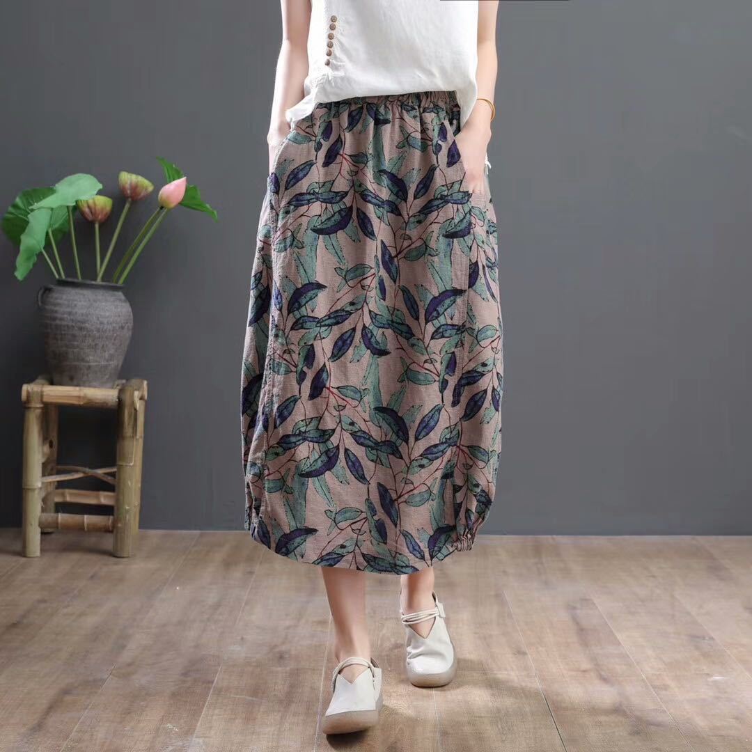 Summer Ethnic Cotton and Linen Floral Skirt 2024 New Women's Clothing Middle-aged and Elderly Large Size Korean Style Long Skirt for Mother