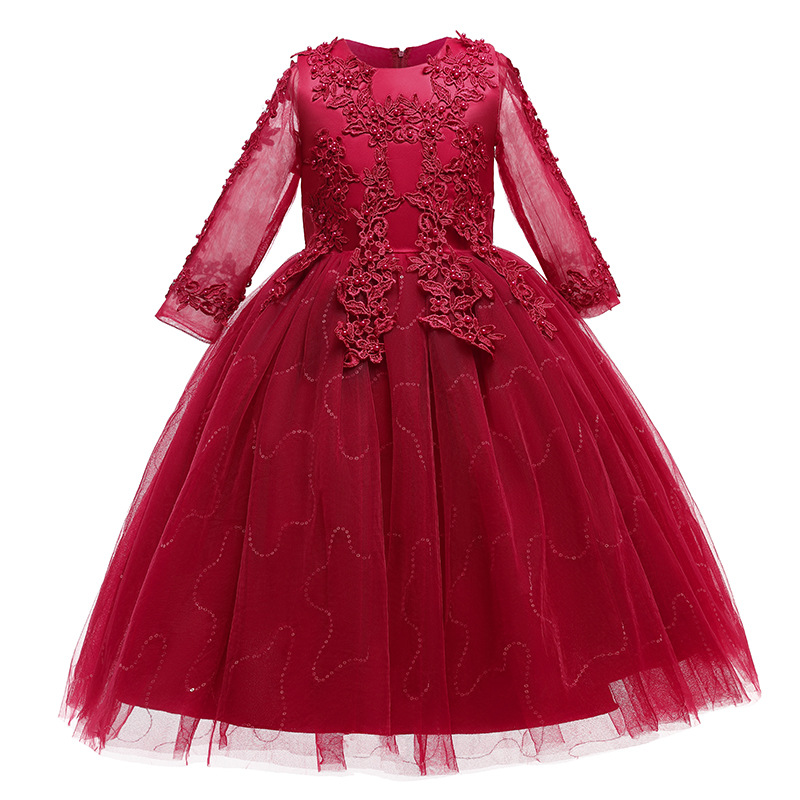 Flower girl dress long sleeve Princess sequined mesh sleeve children's long wedding dress puffy mesh girl princess dress