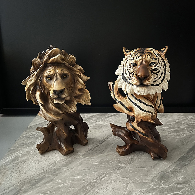 美式復古家居擺件獅頭創意仿真動物頭像樹脂工藝品辦公室桌面裝飾