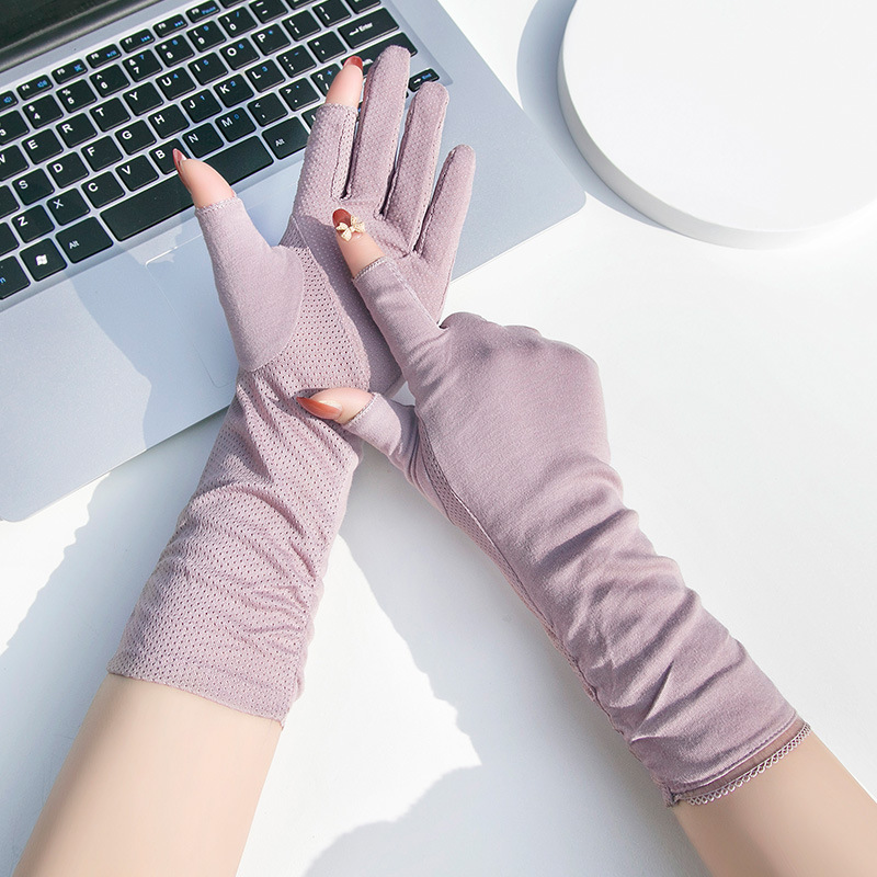 Sunscreen Gloves Women's Mid-Length Summer Thin Driving Ride Tea Picking Nail Art Non-Slip Cotton Breathable Open Fingers Spring and Autumn Half Finge_voghion.com