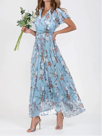 2023 European and American New Beach Large Swing Dress Chiffon Floral Short Sleeve Ruffled V-neck Fashion Tight Waist dress