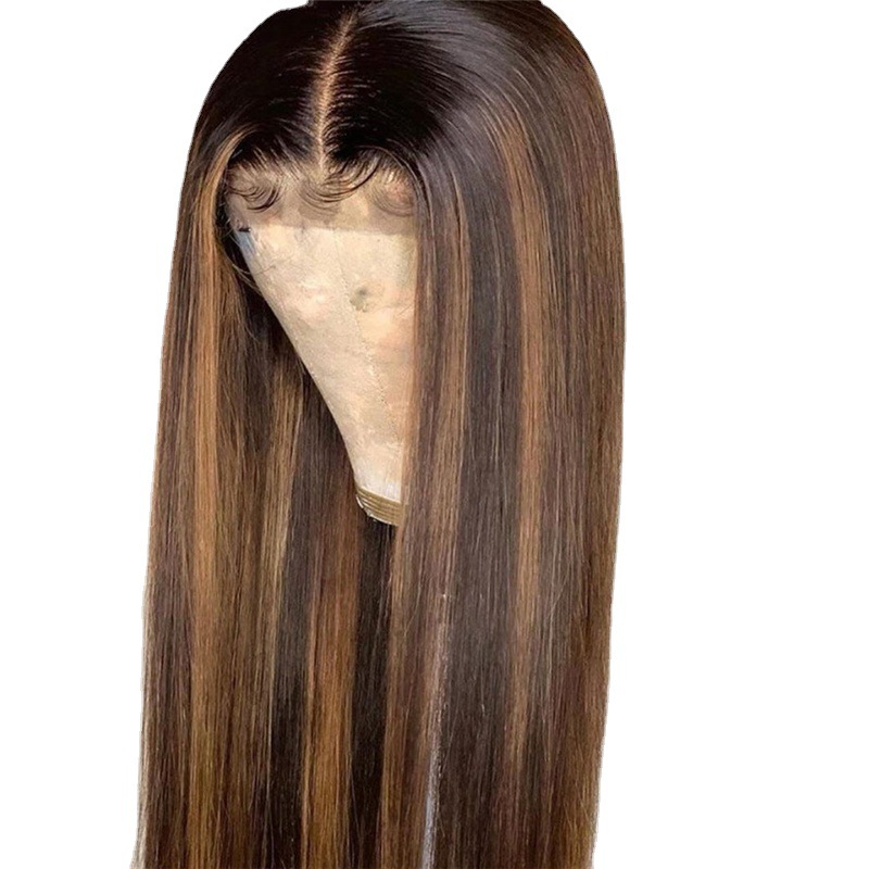AliExpress New Wig Women's European and American Fashion Gradient Color Middle Highlight Long Straight Hair Brown Gold Chemical Fiber Headgear Women