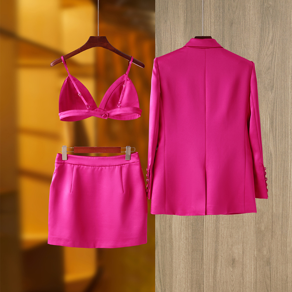 High-end French Retro Spring and Summer Sanding Bright Noodles Niche Design Suit Jacket Vest Skirt Three-piece Set_voghion.com
