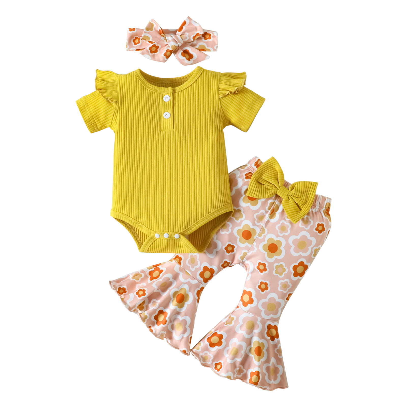 2023 Baby Girl Solid Color Pit Buckle with Floral Horn Trousers Three-piece Foreign Trade Children's Clothing