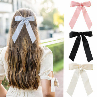 Cross-border satin ribbon bow hair accessories simple temperament female bow hairpin back head spring clip hairpin_voghion.com