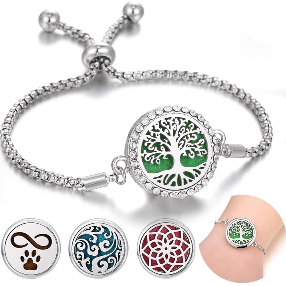 Diamond-encrusted Stainless Steel Hollow Aromatherapy Essential Oil Bracelet European and American Tree of Life Openable Box Perfume Diffuser Bracelet