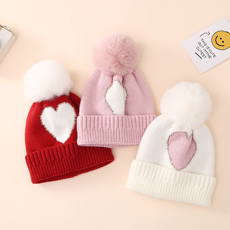 Baby Knitted Hat 0-12 Months Golden Silk Jacquard Love Knitted Hat Baby Girl Double-layer Thickened Wool Hat Cross-Border