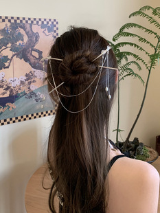 Shake Tone Same Style Flower Double Hairpin Tassel Chain Pearl Advanced Sense Hairpin Antique Double Insert Silver Metal Hairpin