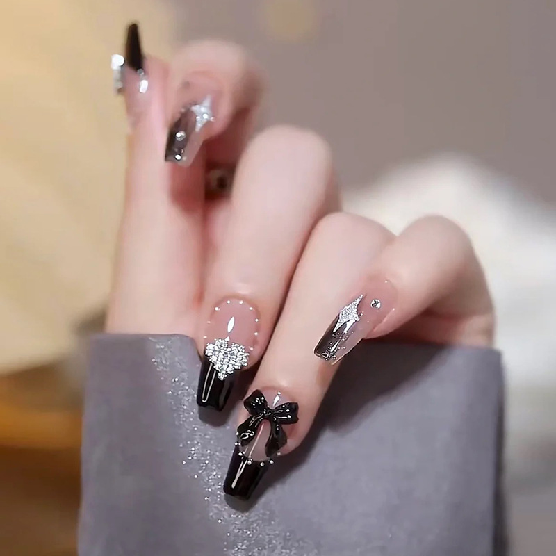 Mid-length Sweet Cool Mysterious Black Bow Stereo Shining Love Pearl Wearing nail nail
