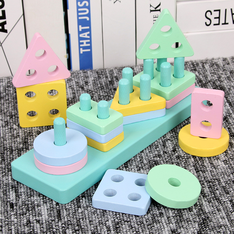 Wooden Children's Educational Cognitive Early Education Four-column Macaron Geometric Organ Shape Matching Five-column Building Block Toy