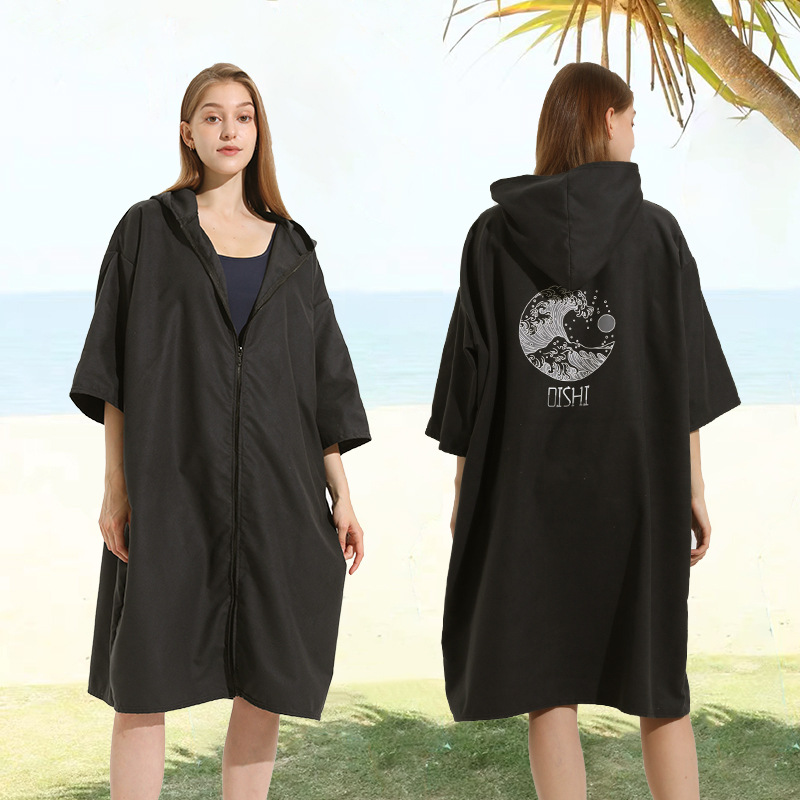 Amazon Tume Hipped Cross-border Quick-dry Beach Swimming Hooded Bath Towel Poncho Zipper Surf Changing Bathrobe