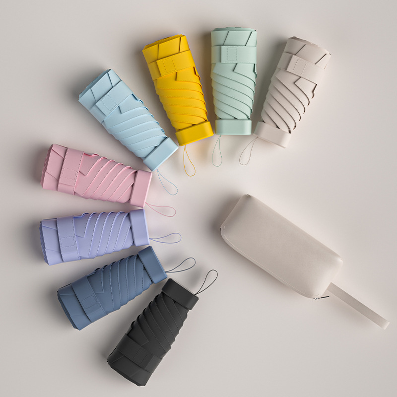 In stock leather zipper bag sun protection umbrella UV protection sun umbrella women's card bag sun umbrella dual-use folding six-fold umbrella