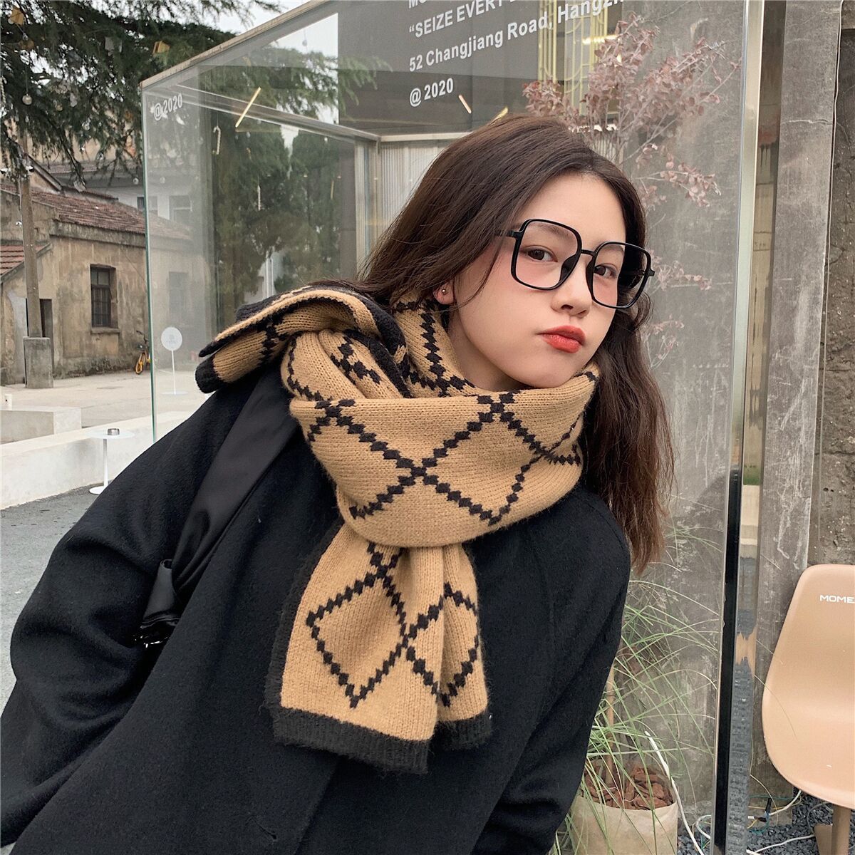 TikTok Plaid Scarf Women's Japanese-style Fashionable Cute Soft Autumn and Winter Korean-style All-match Thickened Warm Knitted Wool Scarf