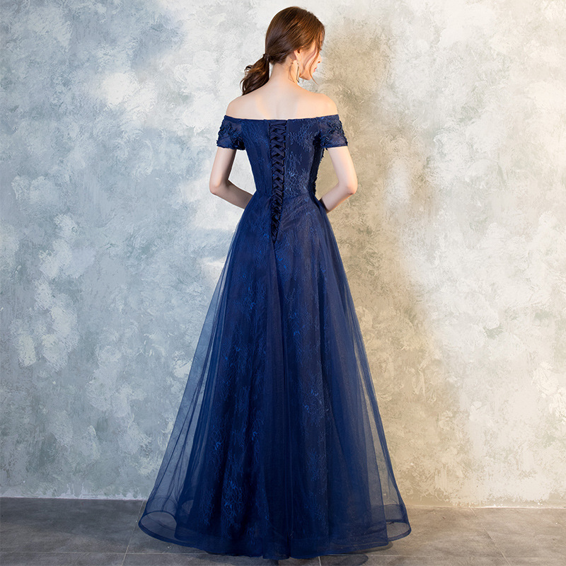 Off-shoulder evening dress women's long blue 2024 spring new fashion socialite host banquet elegant lady