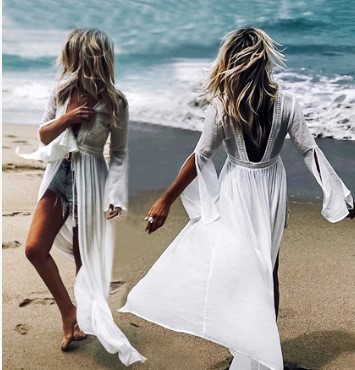 Bikini Blouse Slub Trumpet Sleeve Lace Loose Beach Blouse, Holiday Beach Dress
