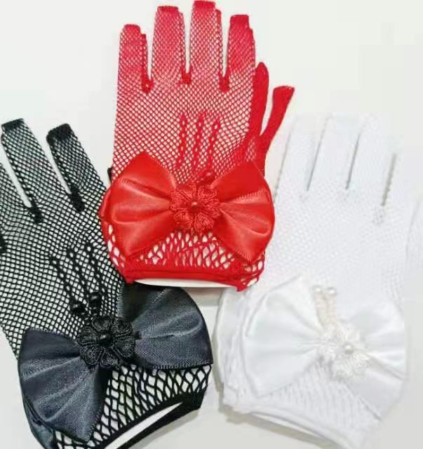 Children's Wedding Princess Mesh Etiquette Bow Gloves Stretch Flower Girls Wedding White Gloves Self-produced