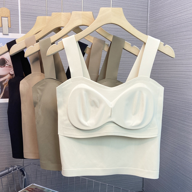 Wide Shoulder Strap Non-marking Camisole Women's Vest with Chest Pad Base Beauty Back Ice Silk Outer Wear Slim-fit Latex Tube Top Women