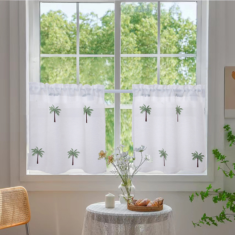 Factory direct linen yarn embroidered short curtain small fresh short curtain wearing Rod short curtain kitchen coffee curtain foreign trade cross-border