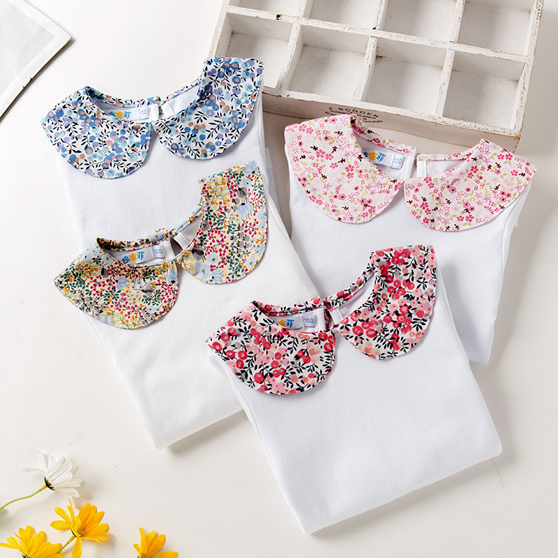 Women's and Girls' Striped Babydoll Collar White Long-Sleeve T-Shirt Spring and Autumn Season Children's Versatile Cotton Top for Dropshipping One Piece