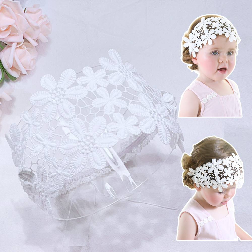 Children's White Lace Hair Band Female Baby's Hollow Flower Headband Bow Princess Hair Accessories Elastic Hair Band