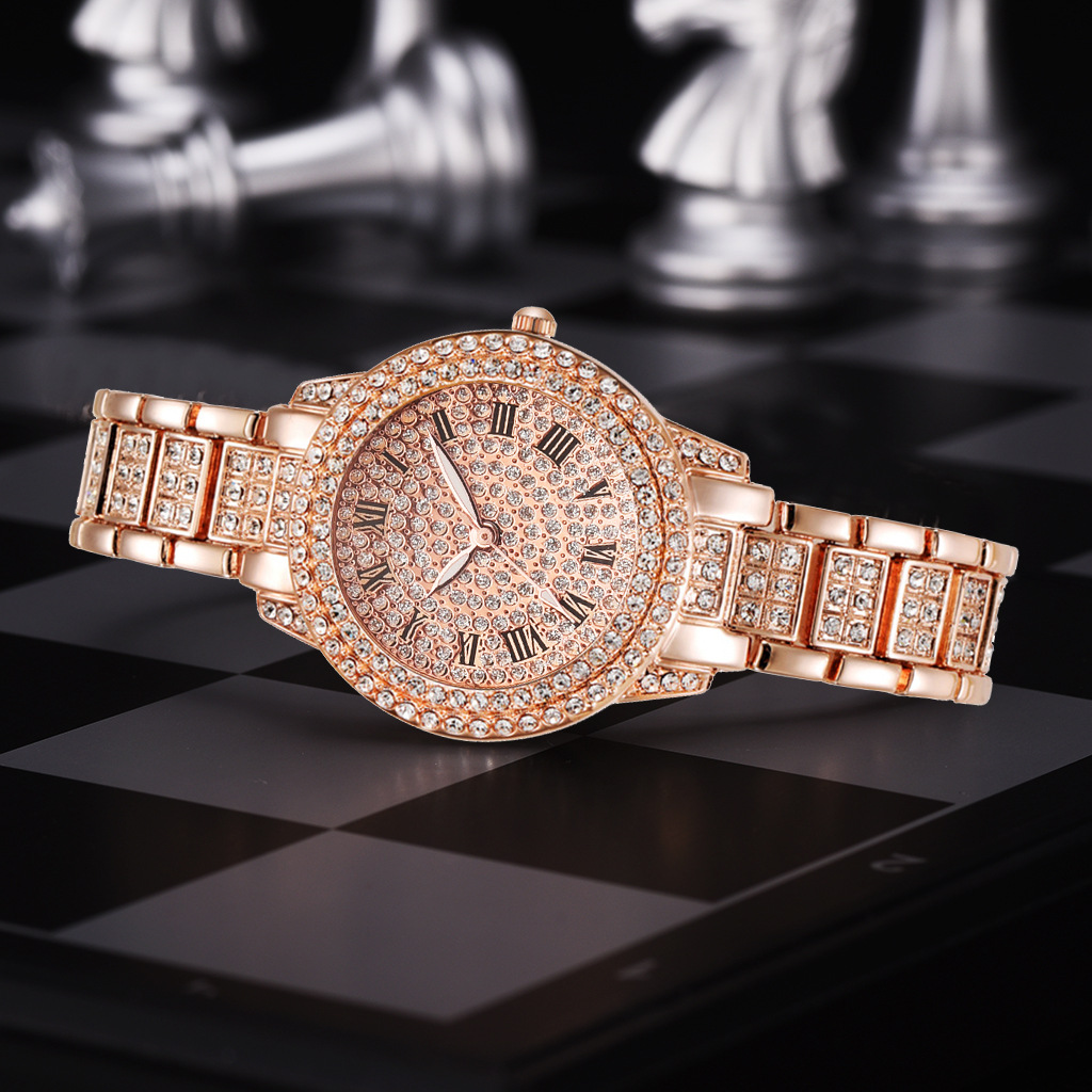 Full Diamond Roman Literal Steel Band Watch Gympani Elegant Business Quartz Watch Hip Hop Full Diamond Bracelet Set