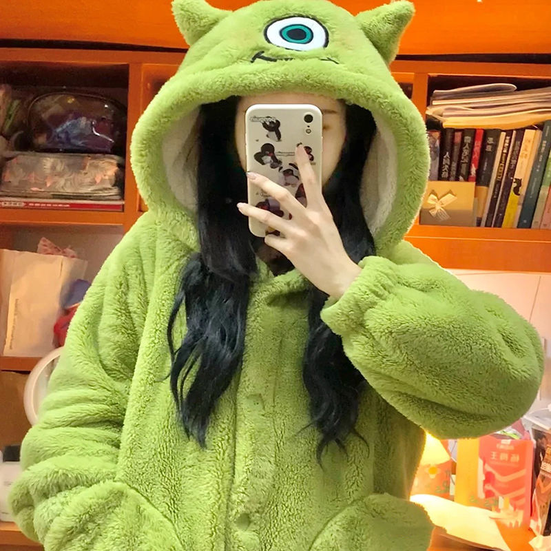 Cute big-eyed hooded coral fleece pajamas for women 2023 new winter single-eye monster nightgown home wear winter