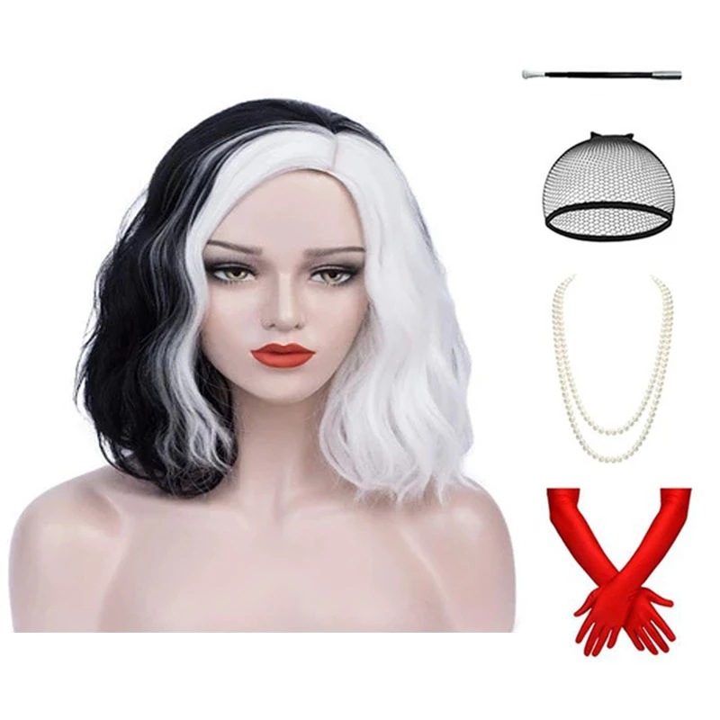 Cross-Border black and white yin and yang wig medium and long roll wig without bangs WAVE Stitching head cover kuila wig