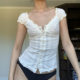 2022 Amazon Independent Station New Women's Pleated Shoulder Low Collar Button Folding Lace Tight Top
