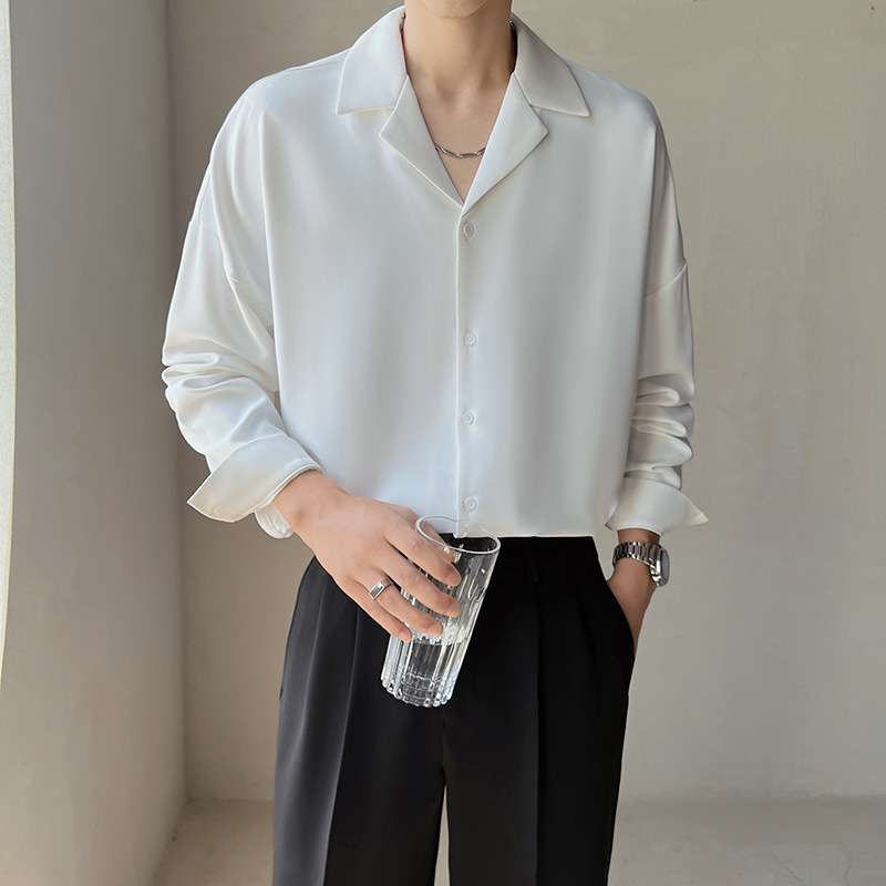Cuban collar apricot shirt men's long sleeve light familiar high-grade ice silk ruffle handsome lazy wind non-ironing draping white shirt