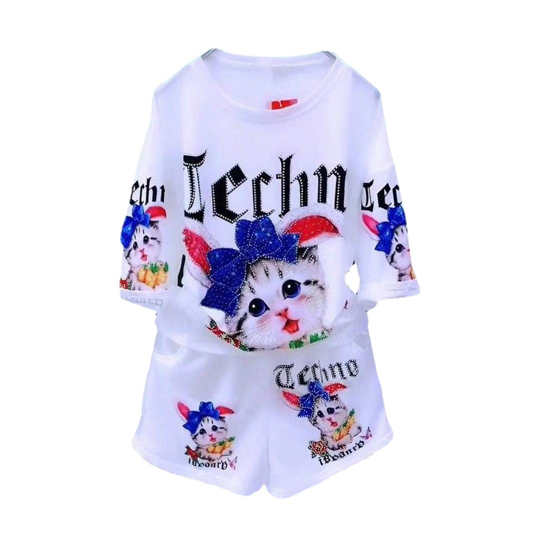 Internet Celebrity New Summer Fashion Heavy Industry Hot Drilling Kitten Pattern Short-sleeved T-shirt Set Women's Casual Shorts Two-piece Set