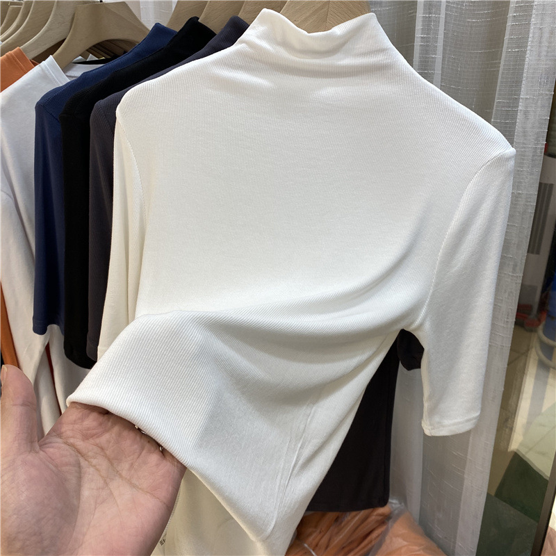 Style Modal Mid-Sleeve T-Shirt Women's Korean Style Early Autumn Slim-Fit Inner Half-High Collar Base Shirt Half-Sleeve Top