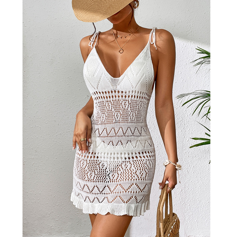 Cross-border European and American Women's Short Knitted Sling Deep V Perspective Sexy Hollow Flower Skirt Knitted Beach Dress
