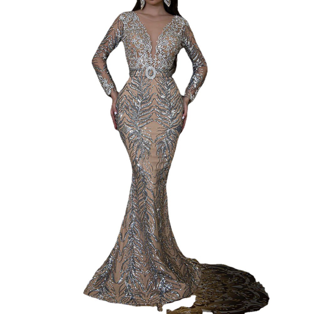 Spring 2023 New European and American Foreign Trade Women's Cross-border New Bronzing Long-sleeved Slim-fit Hip Sexy Long Dress Evening Dress