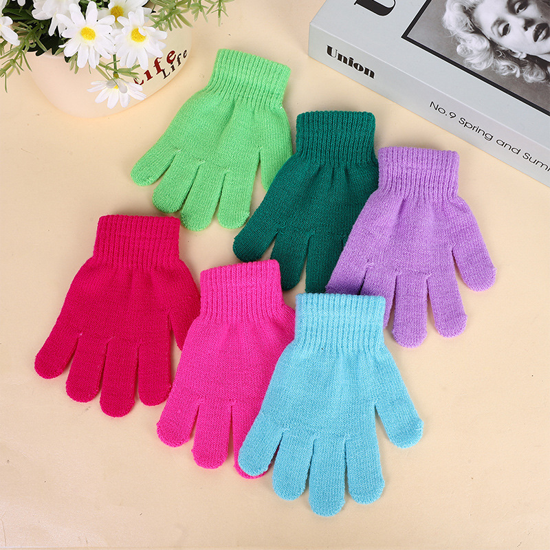Cross-border pure color warm knitted children's gloves outdoor riding pure color five-finger student gloves with LOGO