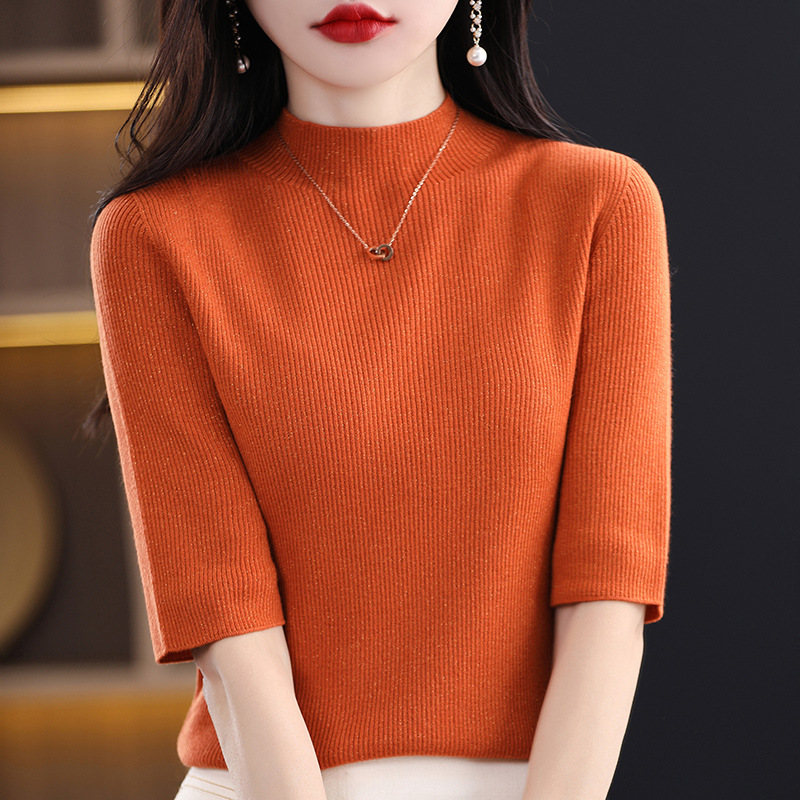 2023 Spring Knitwear Sweater Women's Slim-fit Half-turtleneck 5 Five-point Sleeve Base Sweater Women's Factory Batch