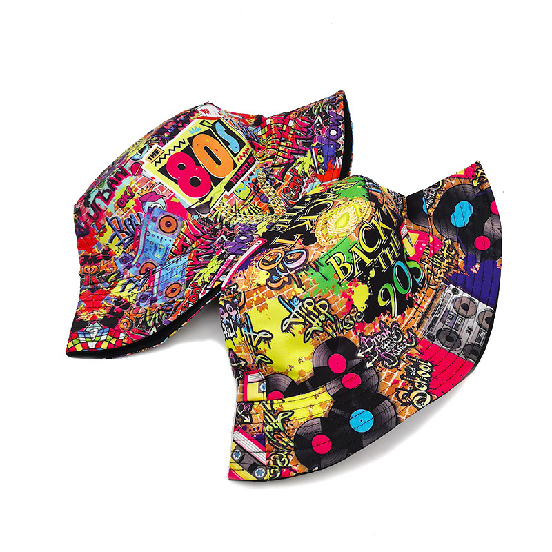 Chapeau de pêcheur à motif de ruban adhésif rétro nostalgique européen et américain des années 80 et 90 pour femme, chapeau de protection solaire d'extérieur double face pour printemps et été_voghion.com