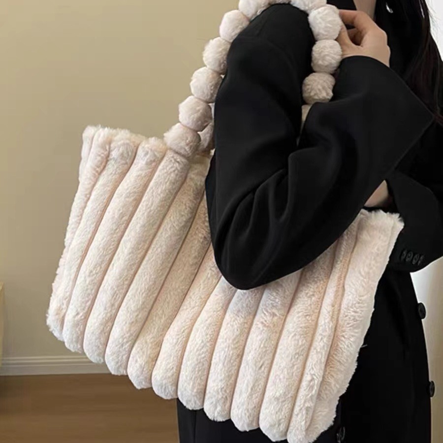 Autumn and winter New 2023 fashion plush shoulder bag personality simple corduroy tote bag large capacity furry handbag