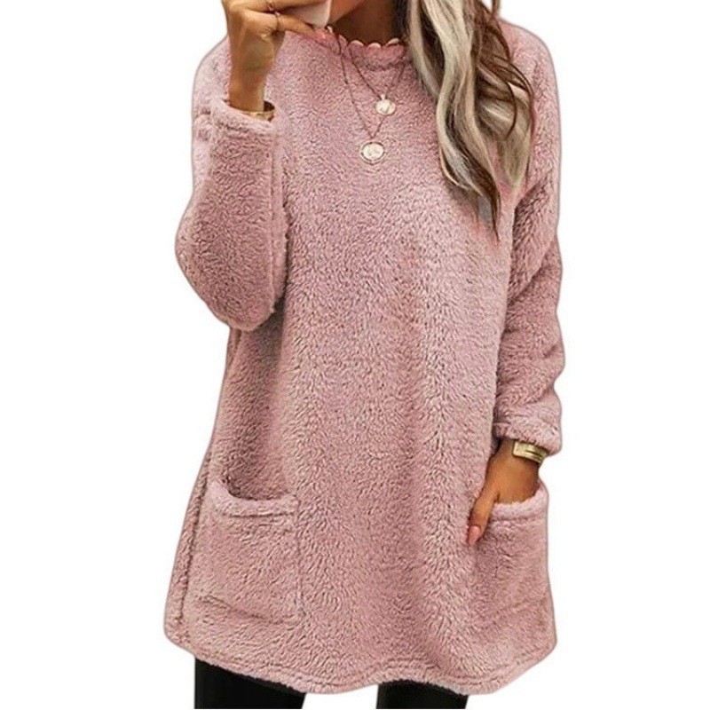 2025 Western and Eastern Amazon Independent Station TEMU Cross-border New Women's Long Sleeve Pocket Plush Sweatshirt T-shirt Top