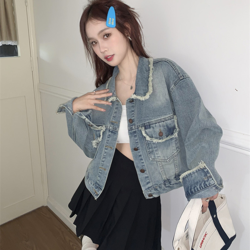 Spring and Autumn Xiaoxiang wind hair fringe Denim coat women's design sense niche short loose casual age-reducing jacket top