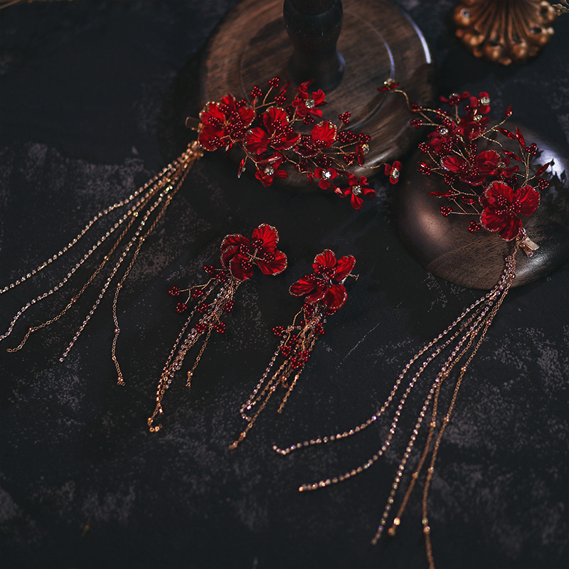 Korean-style handmade tassel hair bridal headdress red toasting clothes hair accessories modeling design studio Xiuhe accessories