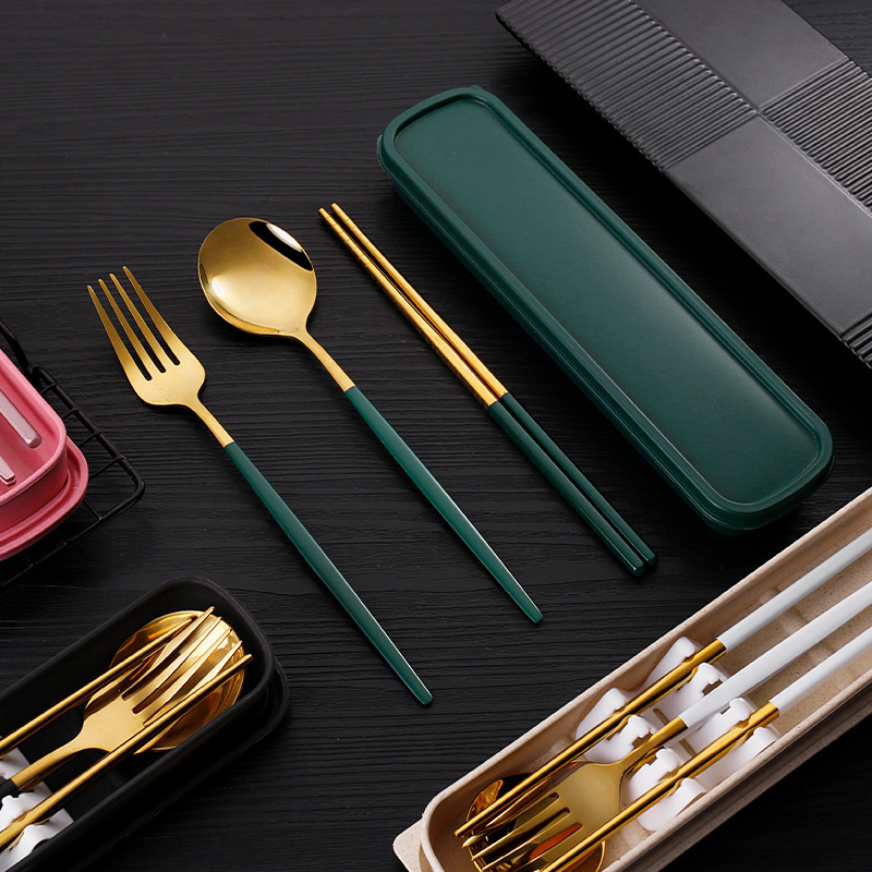 Stainless Steel Tableware Set Set Portuguese Fork Spoon Chopsticks Set Three-piece Set Student Portable Tableware Set