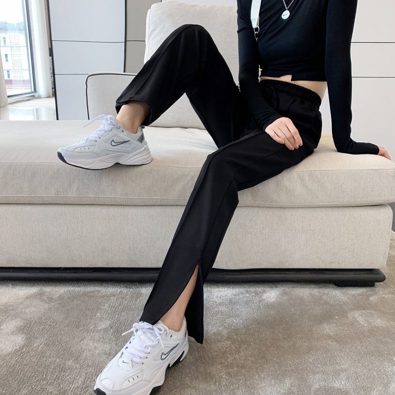 Black Side Slit Pants Women's Spring and Autumn Draping High Waist Slim Look Women's Loose Wide Leg Straight Trousers