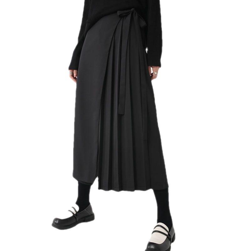 Yamamoto dark draping fake two-piece irregular pantskirt summer pleated loose cropped pants casual wide-leg pants for women