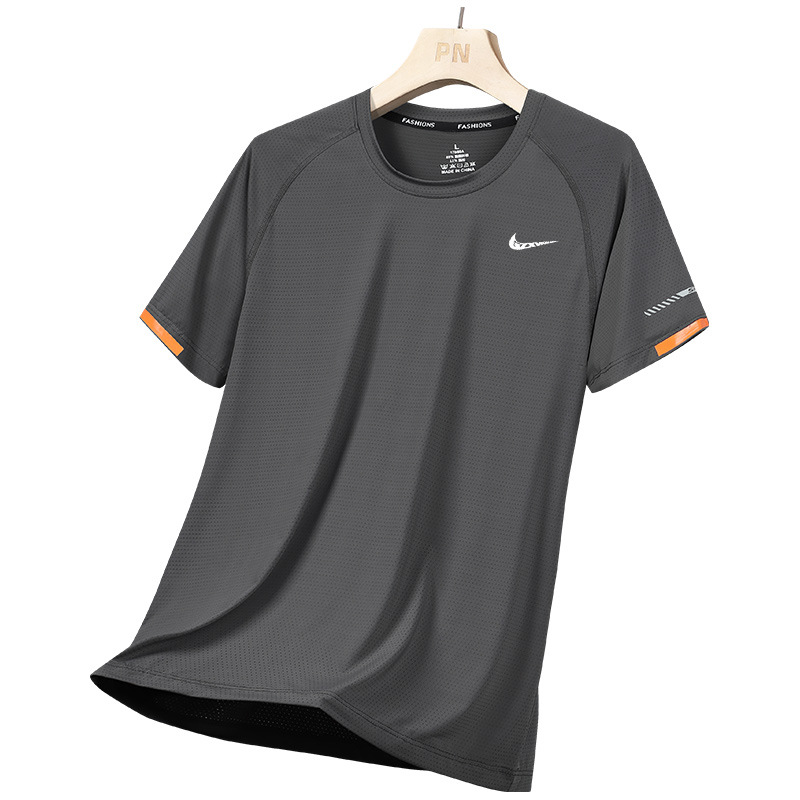 Large size Summer Ice Silk quick-drying short-sleeved T-shirt men's sports loose thin round neck top sweat-absorbent breathable foreign trade style