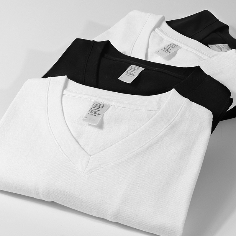 250g Japanese style heavy thick pure cotton V-neck short sleeve basic bottoming shirt T-shirt men's and women's solid color chicken collar t-shirt