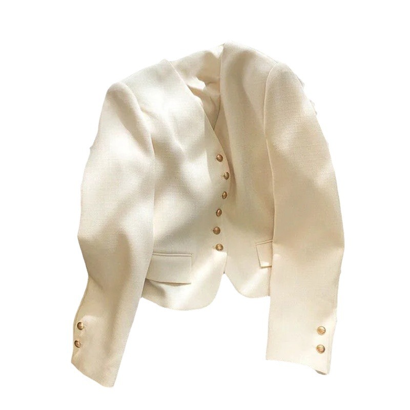 Chanel style suit jacket women's short autumn new creamy-white simple temperament small V-neck suit